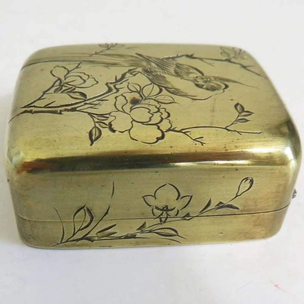 Vintage Asian Brass Trinket Box Bird Flower Engraving Hinged Small‎ Keepsake